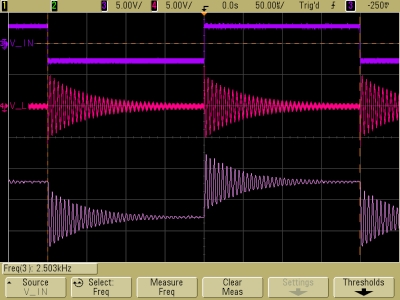 Decaying oscillations in underdamped LRC circuit, V_L, V_C